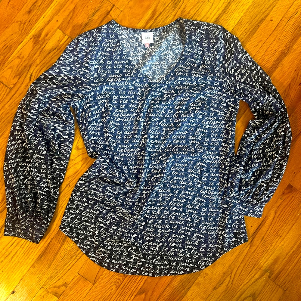 EUC Navy Cabi V-Neck Print Long Sleeve Blouse